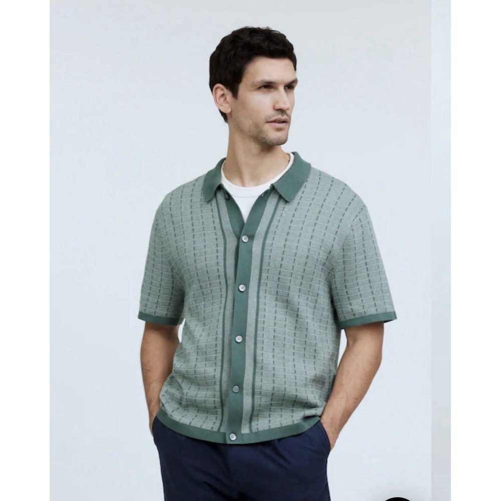 Madewell Button Up Knit Cotton Sweater Polo Mens XL Green Bowling Striped Resort